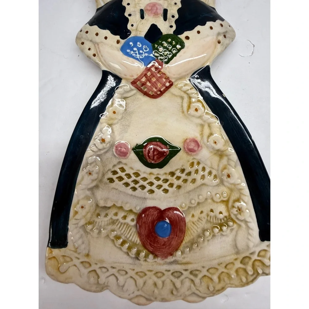 Vintage Hand Painted Ceramic Angel Spoon Rest Folk Art Trinket Dish Black Cream